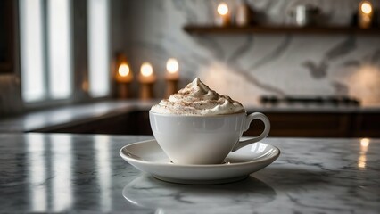 Obraz premium Elegant frothy cappuccino in a porcelain cup on marble countertop