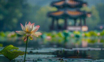 A blooming lotus in the lotus pond, with a blurred octagonal pavilion in the distance, Generative...