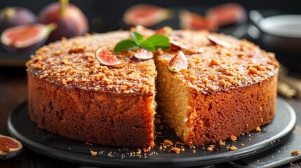   A tight shot of a cake on a plate, sliced, with figurines in the backdrop