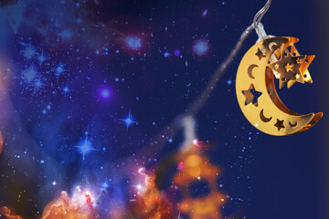 Eid al Adha, ramadan kareem, traditional Arabic garland on the background of the star sky, Holy month celebration, Islamic faith, praying under the stars,Element of the image provided by NASA