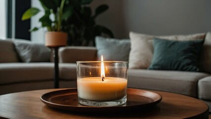 Obraz premium Burning candle on a tray, creating a cozy ambiance