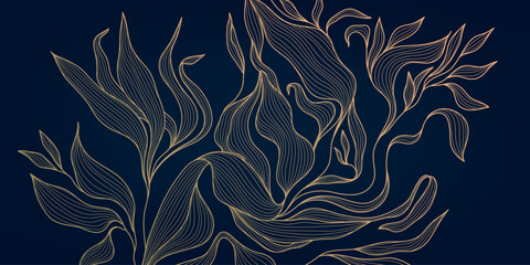 Obraz premium Vector linear golden leaves art deco pattern. Gold line elegant wavy texture, japanese style botanical illustration. Floral plant luxury texture, elegant wallpaper. Vintage decor print