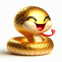 horizontal left to right 3d chinese happy gold snake with happy face, lunar new year theme, white background