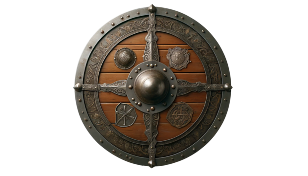 Medieval wooden shield isolated on white. Old viking wooden shield .
