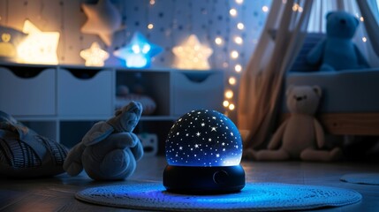 A beautiful starry night sky in a child's bedroom with a nightlight projector on the floor.