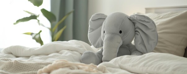 A grey stuffed elephant sits on a messy bed.