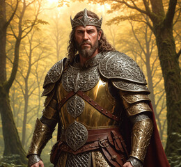 King Arthur, golden armor and crown with Celtic ornaments, red cape, calm and determined look, calm yellow morning forest, high detail, fantasy character illustration, digital art