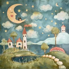 A whimsical painting of a crescent moon with a sleeping face, a cat sitting on it, and a starry night sky with fluffy clouds. In the foreground there are rolling green hills with a pond and a path lea