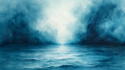 An abstract watercolor painting where layers of aqua and light blue merge and blur, creating a dreamlike atmosphere that evokes the depths of an ocean.