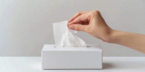 A person's hand is pulling a tissue from a white rectangular box on a plain surface against a neutral background.