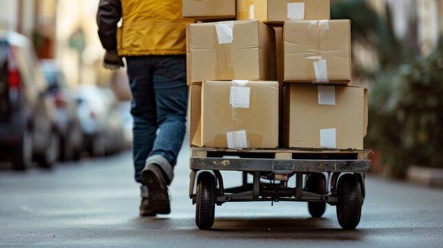 Delivery worker with a cart and boxes