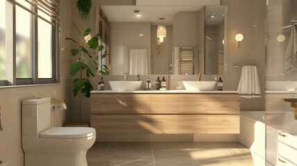 Fototapeta premium Modern minimalist bathroom interior with cupboard, white sink, wooden vanity, bathtub and shower