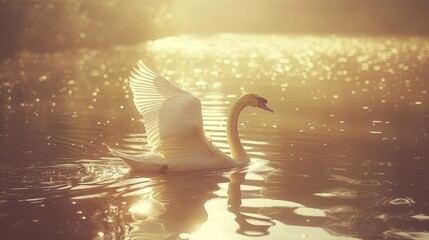 Obraz premium A swan floats serenely atop a sunlit body of water, surrounded by a lush, verdant forest