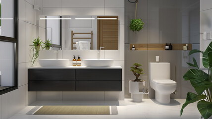 Fototapeta premium Modern minimalist bathroom interior with cupboard, white sink, wooden vanity, bathtub and shower