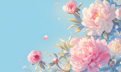 Beautiful floral background with pink peony flowers over blue backdrop, Generative AI 