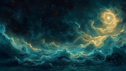 An artistic interpretation of the night sky, where starbursts and nebulae blend in a surreal composition of dark blue and green, capturing the awe-inspiring beauty of a starlit night.