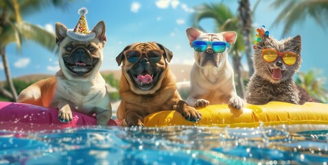 Dogs and cats having fun in the pool