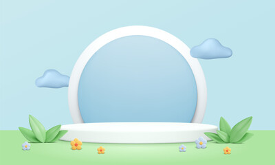 Fototapeta premium 3d podium with summer background. Blue round shape, white show pedestal, green leaves and plasticine flowers on lawn. Vector promotional illustration, cartoon advertising banner, presentation concept.