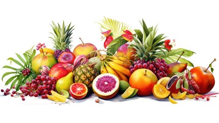 Tropical fruit cartoon illustration - Generative AI. Pineapple, orange, grapefruit, grape.