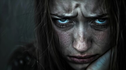 A closeup portrait of a woman with an intense stare, dark circles under her eyes, and a slight frown on her face