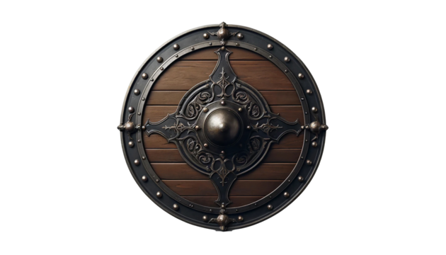 Medieval wooden shield isolated on white. Old viking wooden shield .
