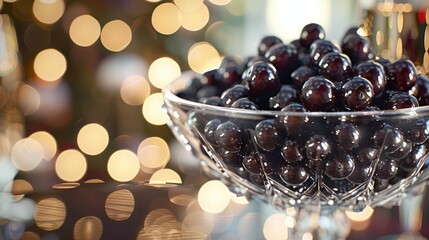  a crystal-clear bowl brimming with cherries, backdrop softly blurred by hanging lights - Powered by Adobe