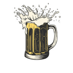Hand drawn mug of beer with splash of foam. Vector illustration isolated on white background for menu and packaging design for pubs, restaurants, craft brewing.