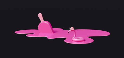 Pink ice cream is melting on the black background with flamingo life belt are floating on it. Creative summer vacation concept 3d render 3d illustration