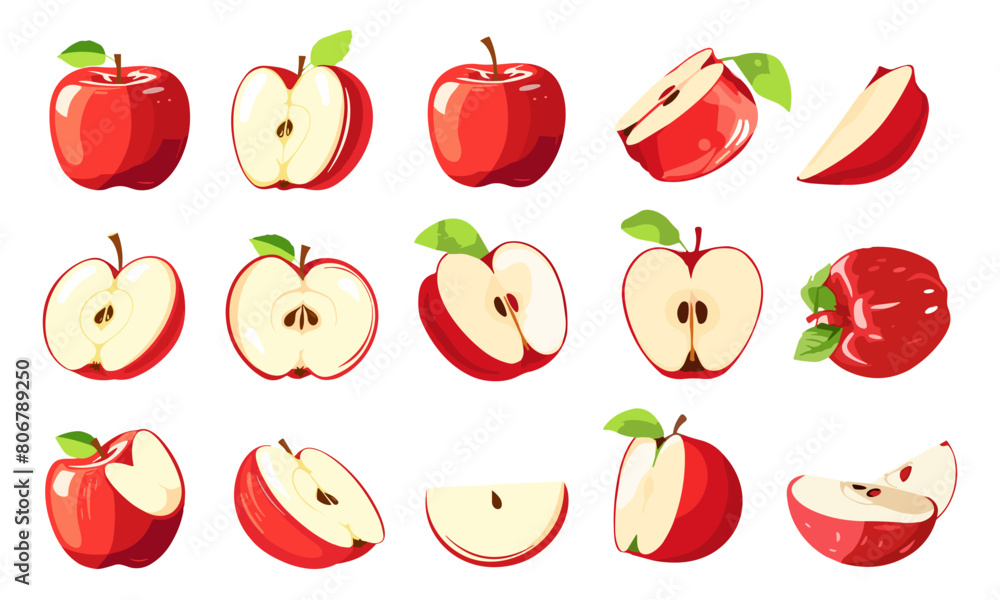 Poster cartoon apple in different angles. cutted apple. half of an apple. slice of an apple. isolated on wh