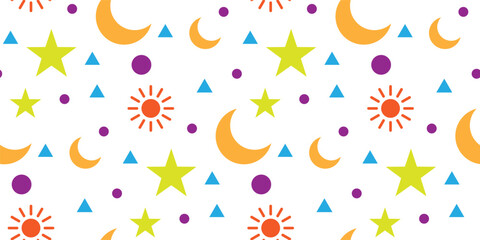colorful baby pattern,  with stars moon and sun. repeating pattern for kids on white background. sky wallpaper vector illustration.