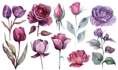 Floral roses and tulips elements set. Watercolor botanical illustration, Generative AI 