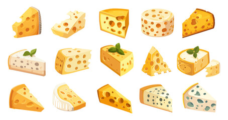 Different cheese types. Yellow cheese. Peace of cheese. Isolated vector set