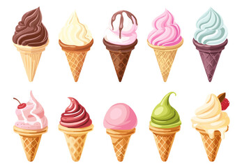 Different icecream set. Ice-cream Variaety of top and fillings. Waffel cones