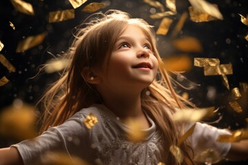 Fototapeta premium a child stands beneath a shower of money, their delighted expression bathed in a gentle, warm light, capturing the enchanting blend of innocence and excitement