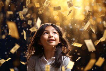 a child stands beneath a shower of money, their delighted expression bathed in a gentle, warm light, capturing the enchanting blend of innocence and excitement
