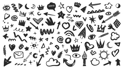 Hand drawn doodle design elements, black on white, Swishes swoops emphasis Arrow crown