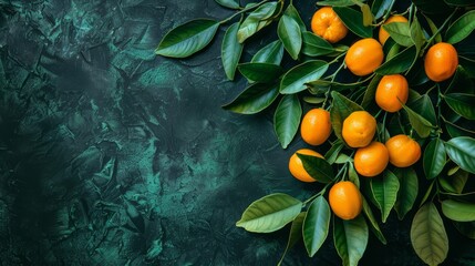   Oranges sitting atop a green branch against a dark surface