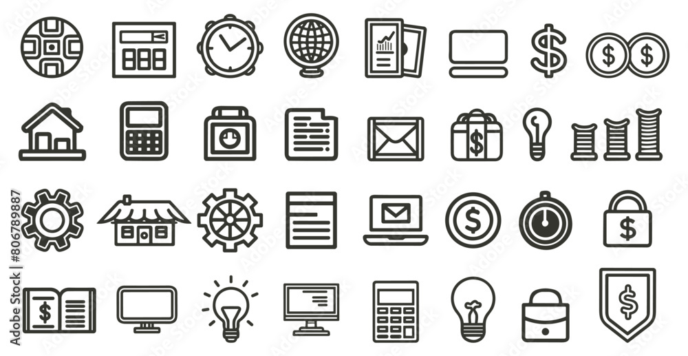 Poster outlined icons set related to workflow processing operation money buisness