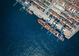 High aerial view of a commercial container terminal harbour with copy space