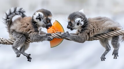 Fototapeta premium Two baby lemurs engaging with a rope toy, a watermelon nearby enticing their focus