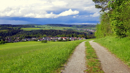 herrliches Panorama im Schwarzwald vom Höhenweg  auf Wald und grüne Wiesen unter weißen Wolken
