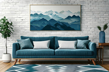 modern living room with teal sofa and wooden floor, white brick wall with large painting of mountains