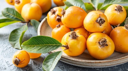  apricots and leaves on a table, backdrop of various fruits