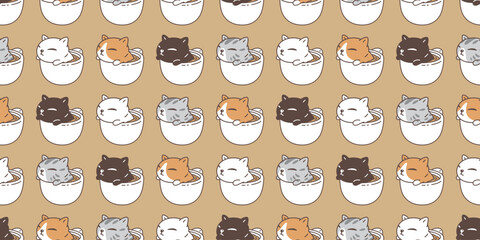 cat seamless pattern coffee cup kitten calico neko vector hot tea pet cartoon doodle tile background gift wrapping paper repeat wallpaper scarf isolated illustration brown design