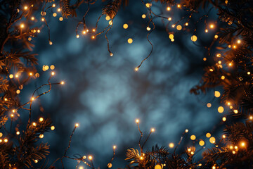 Beautiful fairy lights pattern with tree branches around the frame with blank center for background.