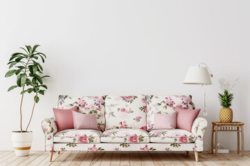 Interior wall with floral patterned sofa in living room with wooden floor and white walls