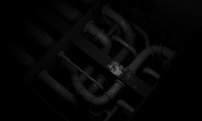 Steel pipe in dark scene science fiction base of operations 3d render wallpaper background