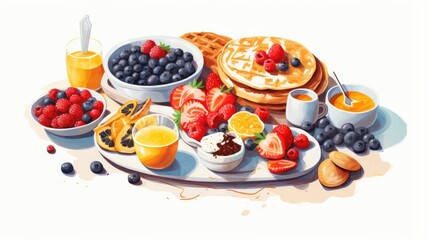 Fototapeta na wymiar Wholesome breakfast cartoon illustration - Generative AI. Nut, juice, fruits, berries.