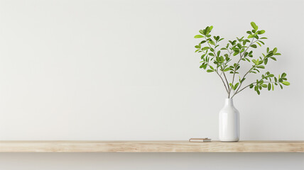 Green tree branch in a white vase on a shelf on a white background with copy space