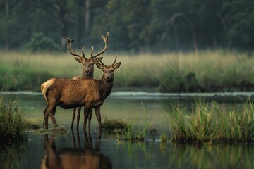 Majestic Red Deer Stags by a Misty Lake